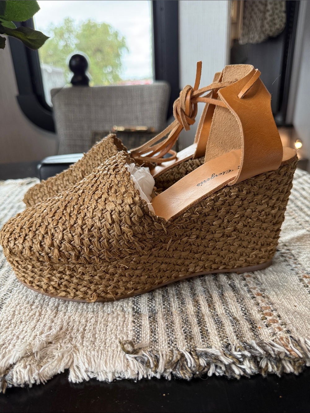 Robert Clergerie Tan Woven Platform Espadrille Wedges with Ankle Tie